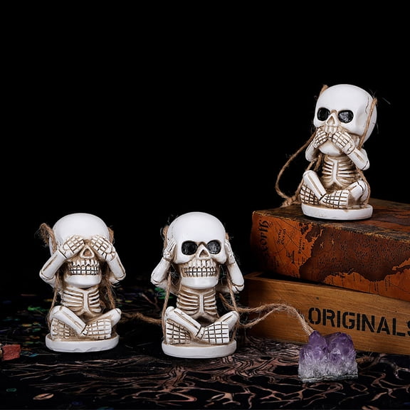 3Pcs Skeleton Hanging Ornaments, See No Evil Skull Pendants, Mini Ghost Decor for Halloween Tree, Wisdom Bones Set, Creepy Miniature Shelf Sitters​
