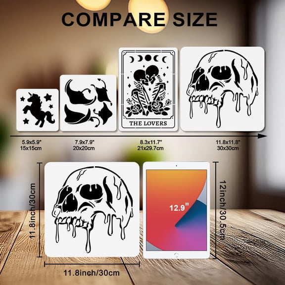 3Pcs Skull Skeleton Stencil Set The Lovers Skull Painting Stencils 11.811.8/11.78.3inch Reusable Drawing Template with Paint Brush for Craft on Window Wood Wall Home Decor