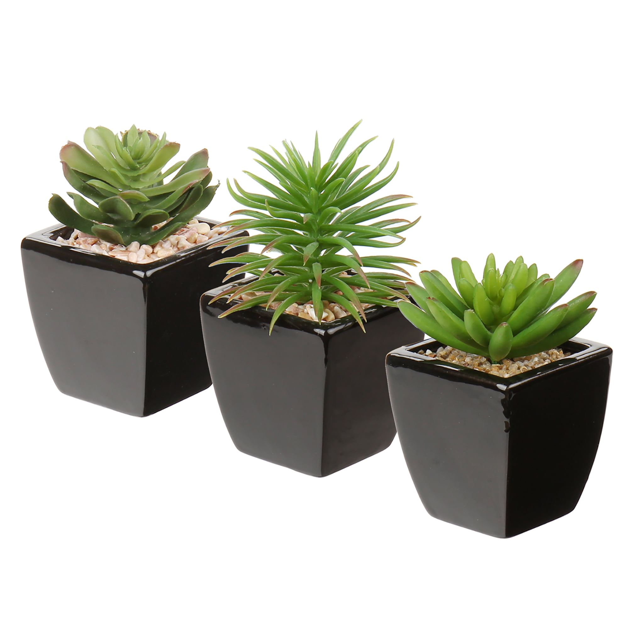 3Pcs Small Succulents Artificial Plants with Black Ceramic Pot Mini Fake Potted Plants Decor for Modern Home