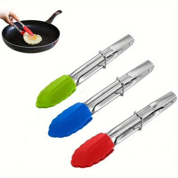 3Pcs Small Tongs With Silicone Tips 7 Inch Serving Tongs Mini Kitchen Stainless Steel Food Tongs for BBQ Salad Cooking Appetizers