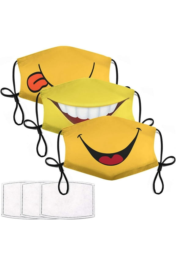 3Pcs Smiley Face Mask with 6 Filters Smile Face Cover for Adults Washable Reusable Kawaii Smiling Mouth Cover