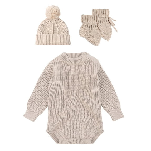 3Pcs Soft Knitted Baby Romper Set with Lovely Hat and Matching Knitting Socks Shower Gift for 0 to 6 Months Old