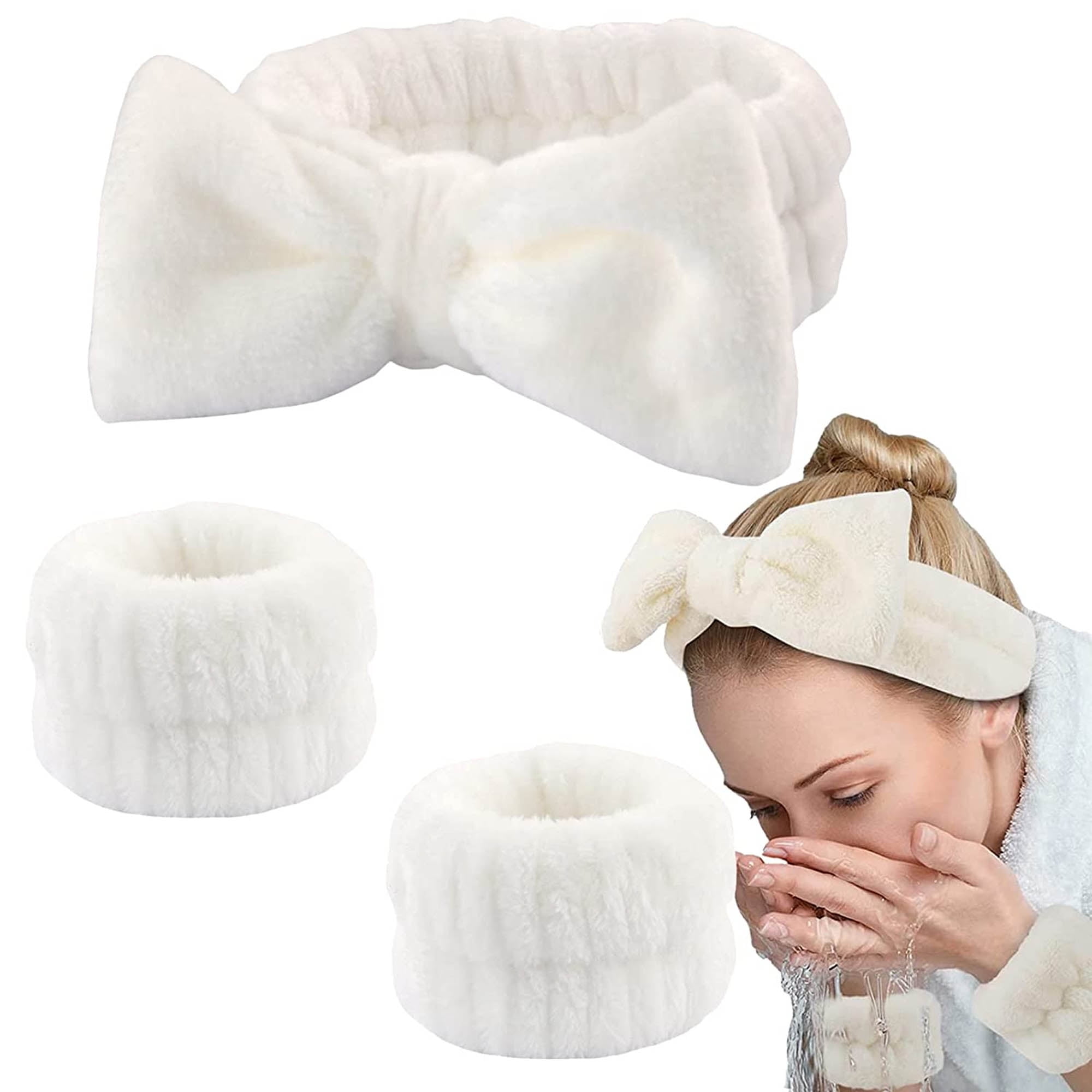 3pcs Spa Headband Wrist Washband Set For Washing Face Fluffy Skincare