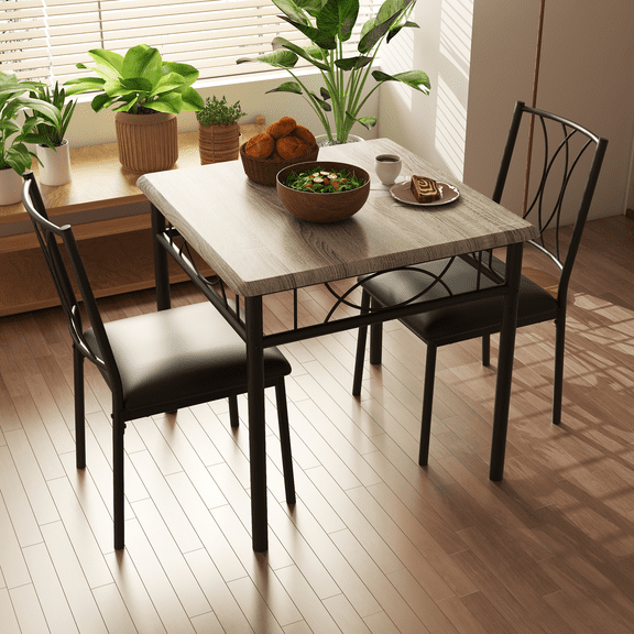 3Pcs Space-Saving Dining Table & Chair Set white Cushioned seat, Square Kitchen & Dining Room Furniture, Perfect for Apartments and Small Spaces, grey