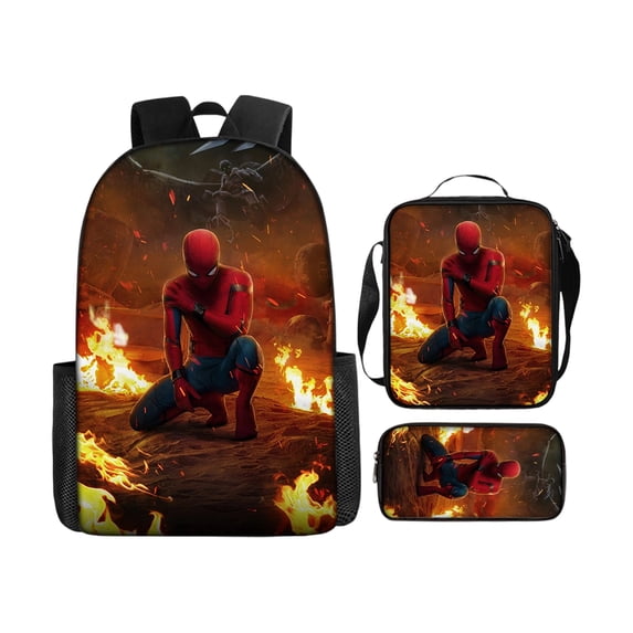 3Pcs Spider Hero Graphic School Backpack Set with Thermal Lunch Tote and Pencil Organizer Teen Comic Web Travel Daypack Heavy Duty Student Rucksack