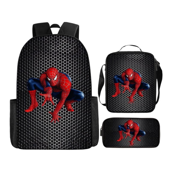 3Pcs Spider Pattern School Backpack Set with Lunch Bag and Pencil Case for High School Students Superhero Large Capacity Hero Comic Web Travel Daypack Heavy Duty Rucksack