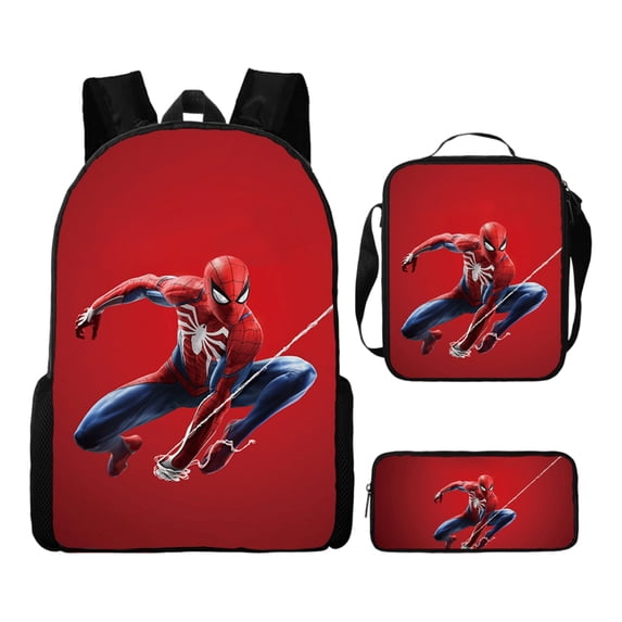 3Pcs Fashionable Superhero Style Backpack Kit for Teens with Spider Lunch Tote and Pencil Holder Large Capacity Lightweight Schoolbag for Travel and Classroom Use