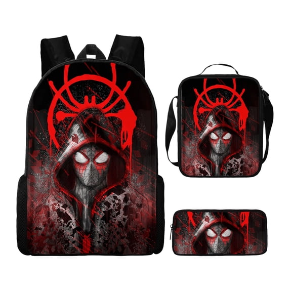 3Pcs Teens Hero Pattern Schoolbag Combo with Insulated Food Bag and Stationery Case Large Spider Capacity Water Resistant Backpack for Casual Travel and School Activity