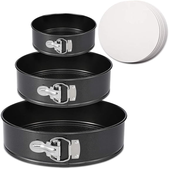 3Pcs Springform Pan Set, 4"/7"/9" Non-Stick Cheesecake Pan, Leakproof Round Cake Pan,Removable Bottom Quick Release Latch Moulds for Birthday Cake,Gift Free 50 Pcs Cake Paper