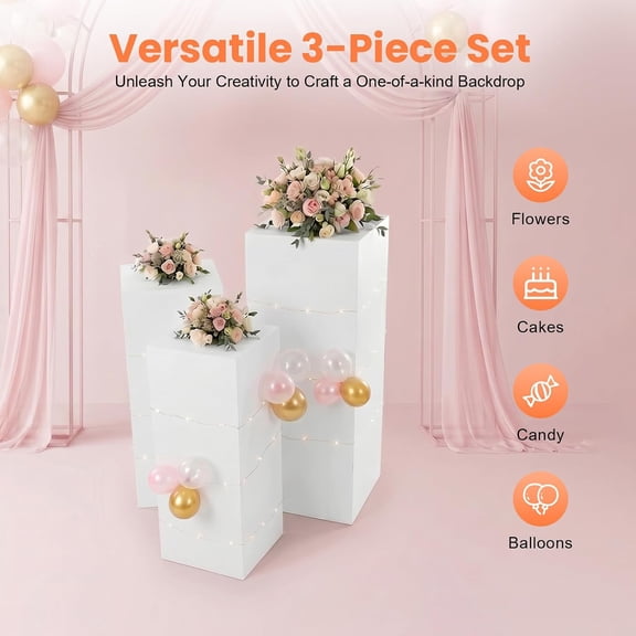 3Pcs Square Display Pedestal Stands Set, Metal Pillars Cake Stands Wedding Pillars for Wedding Birthday, Art Decor, Displays, Risers (White)