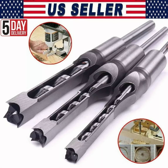 3Pcs Square Hole Woodworking Drill Bit Mortising Chisel Cutter Set 5/16 3/8 1/2
