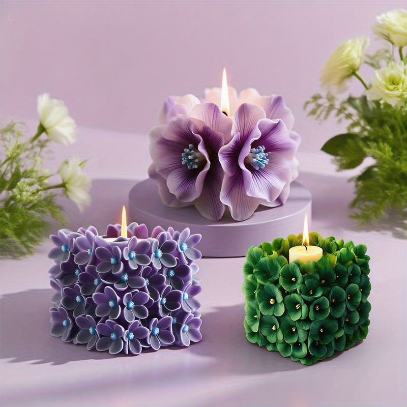3Pcs Square Hydrangea Silicone Candle Mold, Floral Cube Candle Molds for DIY Candle Making Soap Resin Home Decor