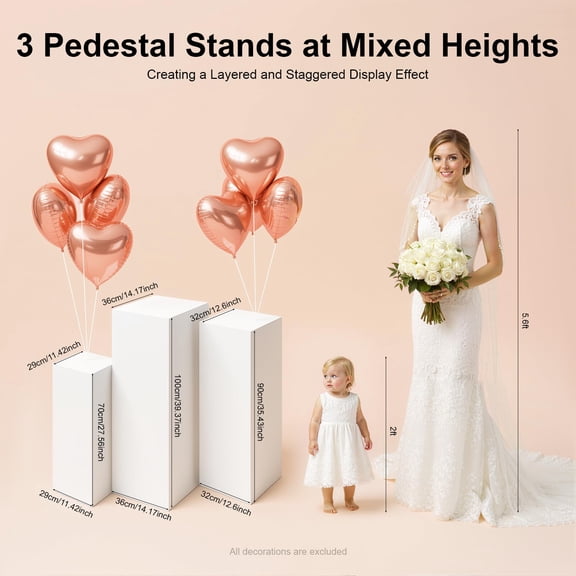 3Pcs Square Pedestal Stands for Parties, White Metal Display Plinth Pillars for Birthday Wedding Bridal Baby Shower Party Decorations