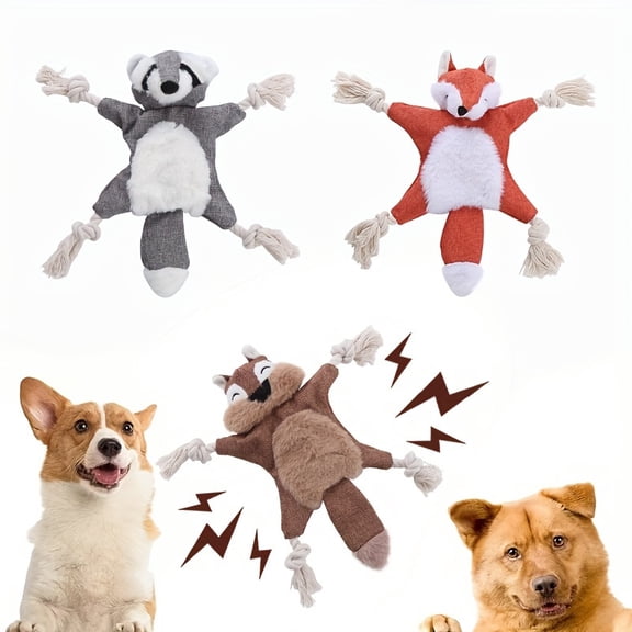 3Pcs Squeaky Plush Dog Toys, No Stuffing, Raccoon Fox Bear with Crinkle Paper, Durable Interactive Tug-of-War Chew Toys for Medium Large Dogs & Teething Puppies