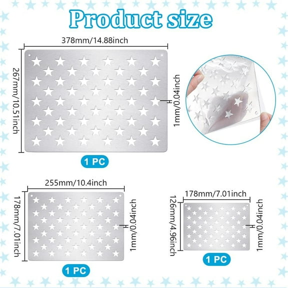 3Pcs Stainless Steel 50 Star American Flag Stencil Set Thick Metal Flag Star Templates for Torch Branding Electro-Etching & DIY Independence Day Crafts