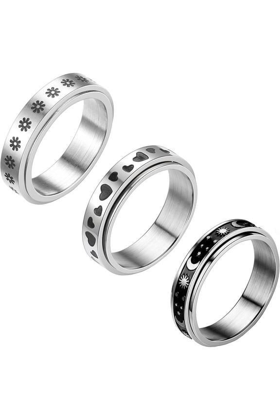 3Pcs Stainless Steel Fidget Spinner Ring for Women Men Wedding Band Rings Set Anxiety Stress Relieving