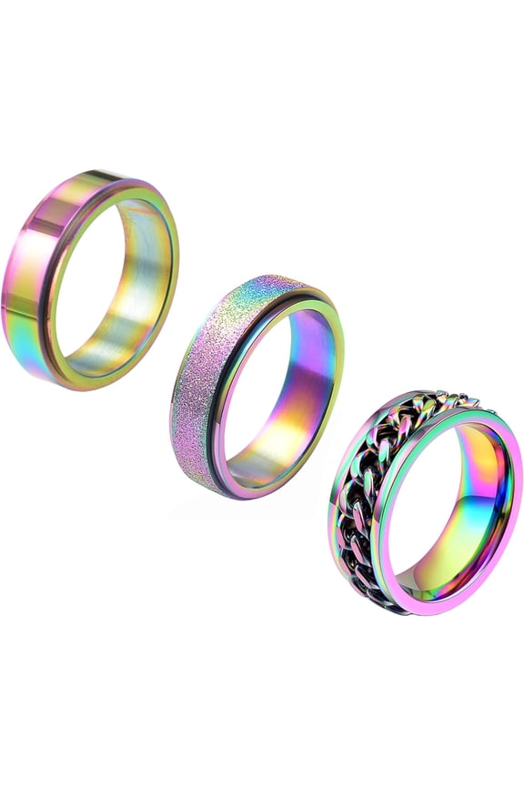 3Pcs Stainless Steel Fidget Spinner Ring for Women Men Wedding Band Rings Set Anxiety Stress Relieving