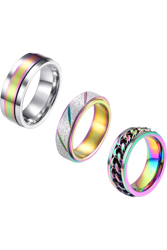 3Pcs Stainless Steel Fidget Spinner Ring for Women Men Wedding Band Rings Set Anxiety Stress Relieving
