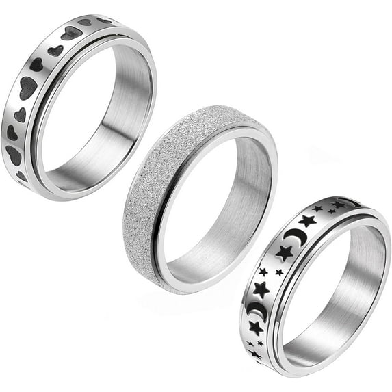 3Pcs Stainless Steel Fidget Spinner Ring for Women Men Wedding Band Rings Set Anxiety Stress Relieving