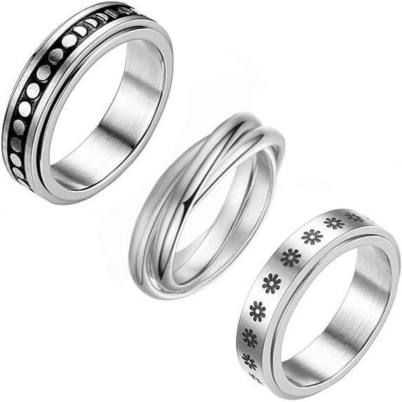 3Pcs Stainless Steel Fidget Spinner Ring for Women Men Wedding Band Rings Set Anxiety Stress Relieving