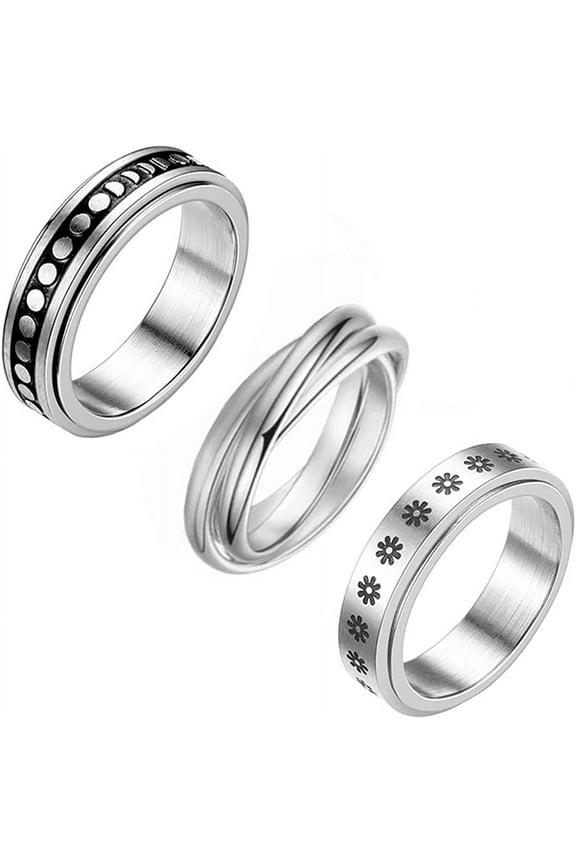 3Pcs Stainless Steel Fidget Spinner Ring for Women Men Wedding Band Rings Set Anxiety Stress Relieving