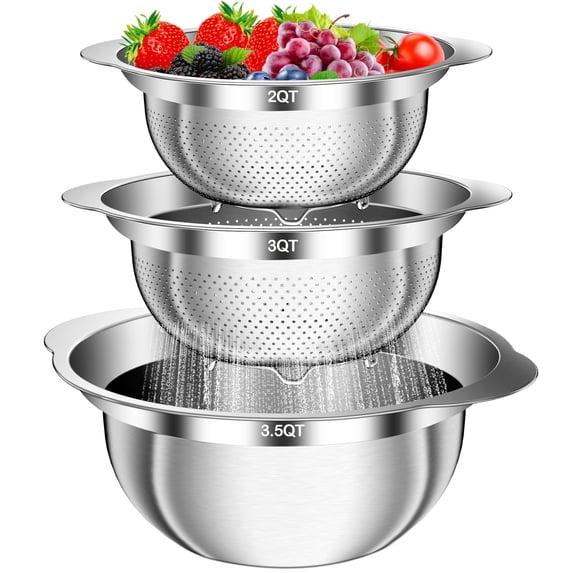 3Pcs Stainless Steel Kitchen Colander Set, with Handle (2QT, 3QT, 5QT ...