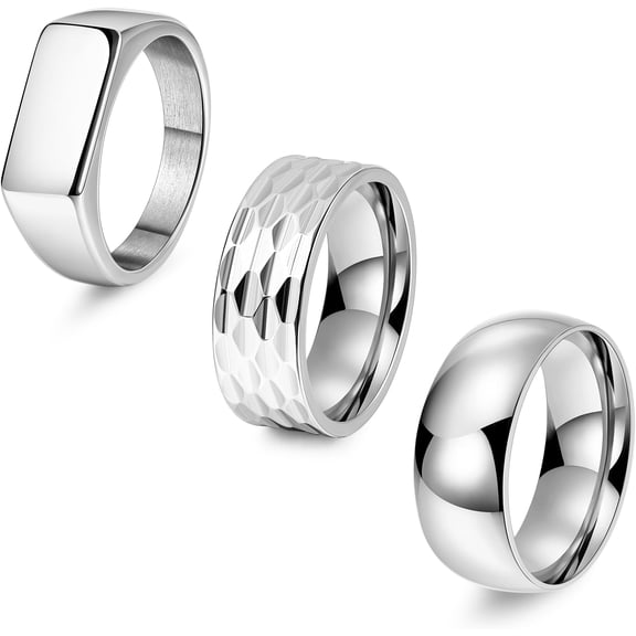 3Pcs Stainless Steel Rings for Men 8MM Hammered Wedding Ring Set Square Signet Rings Pinky Silver Ring Simple Mens Band Rings Gold/Black/Silver Size 7-13