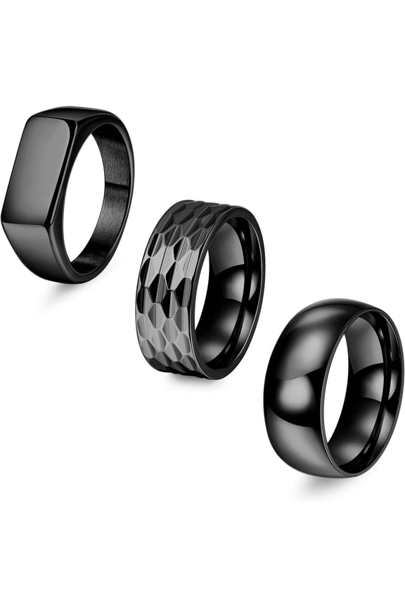 3Pcs Stainless Steel Rings for Men 8MM Hammered Wedding Ring Set Square Signet Rings Pinky Silver Ring Simple Mens Band Rings Gold/Black/Silver Size 7-13