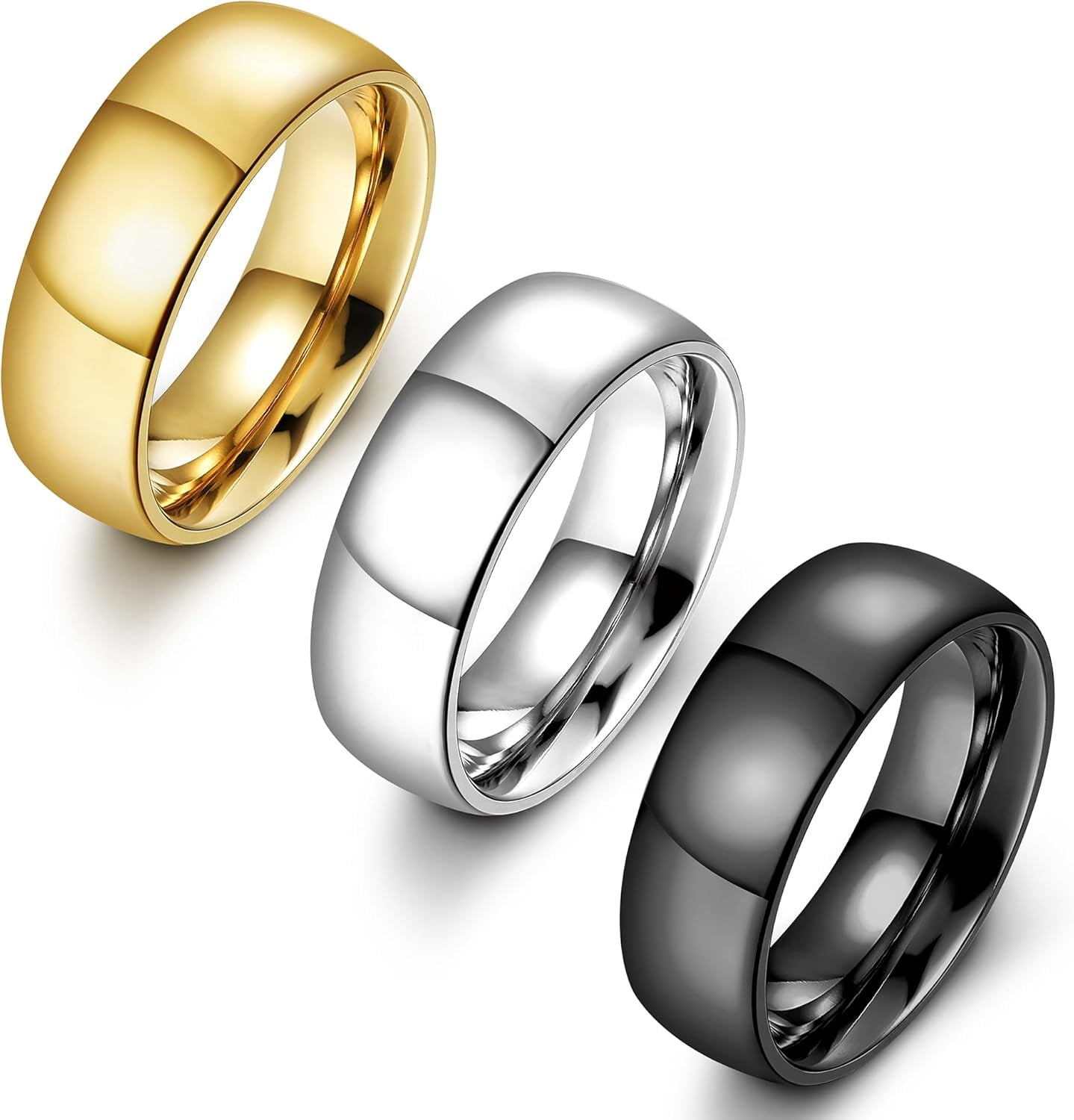 Men's Wedding Ring Set - 6mm Wide Stainless Steel Rings In Gold, Silver & Black (3-Piece Set) - View #13
