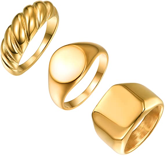 3Pcs Stainless Steel Rings for Men Women Dome Chunky Twisted Ring Gold  Signet Ring Set Size 7-12