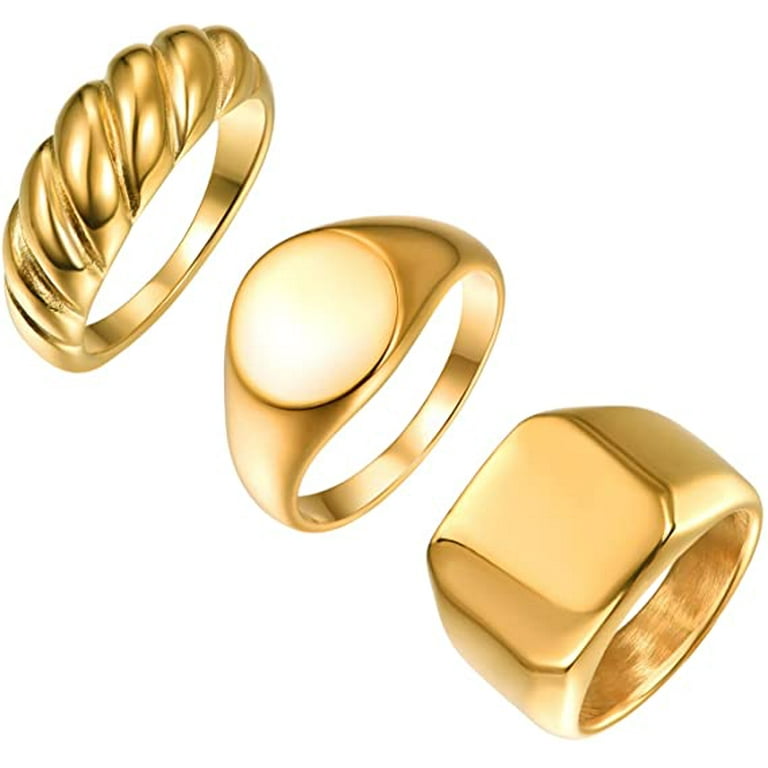 3Pcs Stainless Steel Rings for Men Women Dome Chunky Twisted Ring Gold  Signet Ring Set Size 7-12