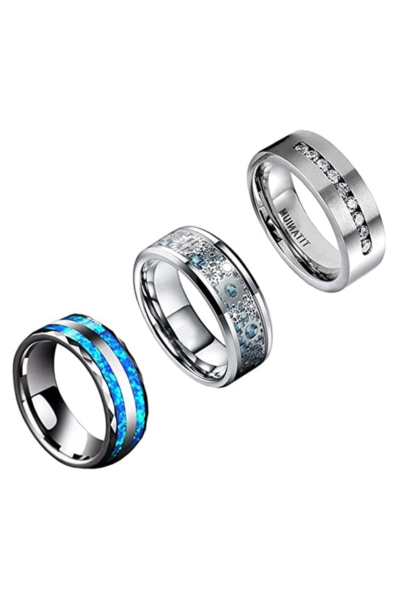 3Pcs Stainless Steel Rings for Men Women Silver CZ Zirconia Imitated Opal Steampunk Gear Ring Set Size 6-11