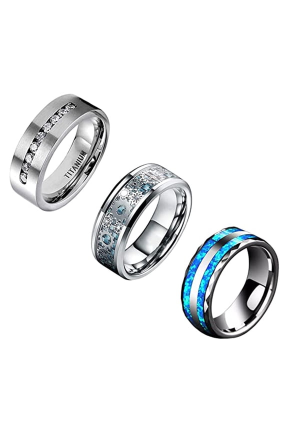 3Pcs Stainless Steel Rings for Unisex Silver CZ Zirconia Imitated Opal Steampunk Gear Ring Set Size 6-11