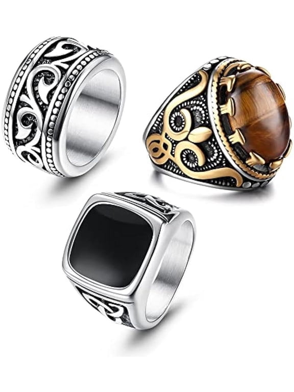 3Pcs Stainless Steel Signet Biker Rings for Men,Retro Vintage Tiger Eye Stone Mens Ring, Black Celtic Knot Band Rings Size 7-14