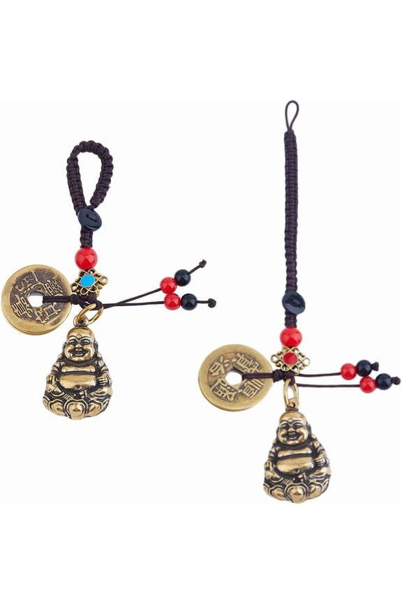 3Pcs Statue Lucky Keychains Vintage Brass Wu Lou charm Key Ring Lucky Charm with Coins Golden Key chain for Car keys Lucky Tassel Gold DIY