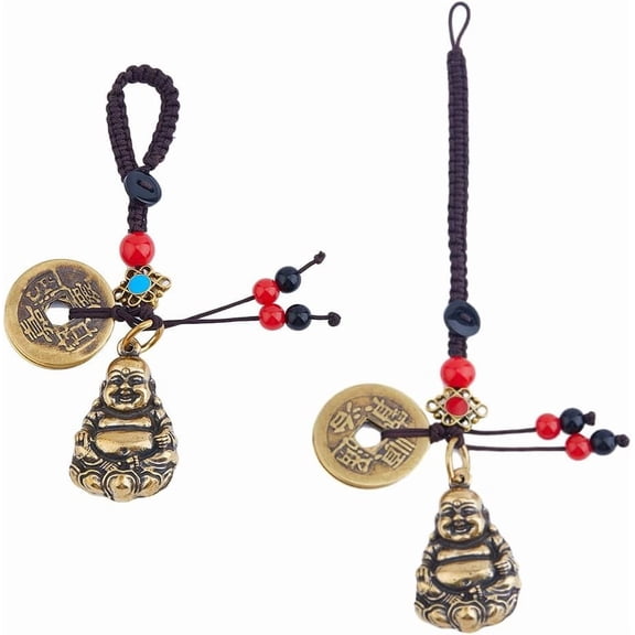 3Pcs Statue Lucky Keychains Vintage Brass Wu Lou charm Key Ring Lucky Charm with Coins Golden Key chain for Car keys Lucky Tassel Gold