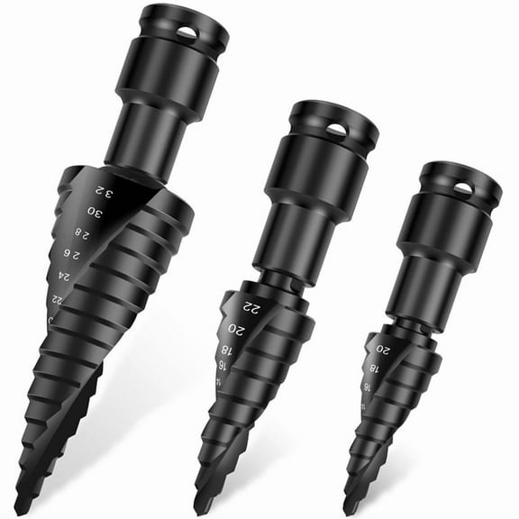 3Pcs Step Drill Bit Set, High Speed Steel Spiral Grooved Step Drill Bit, 4-32mm Cone Cutting Spiral Flute Step Drill Bit,3 * Step Drill Bit Set(4-20 4-22 4-32 model),Black