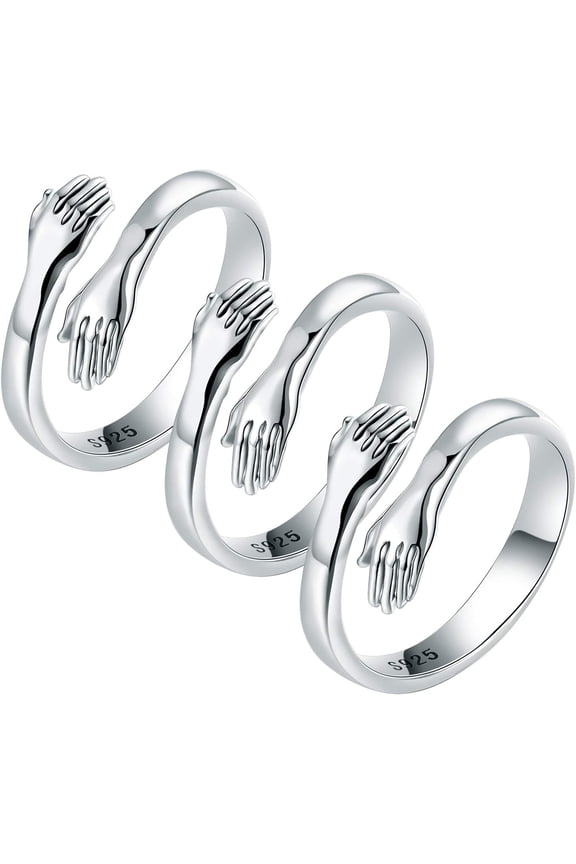 3Pcs Sterling Silver Hug Rings for Women Men, Silver Hugging Hands Open Promise Ring Jewelry, Couples Valentine's Day Gifts