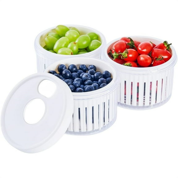 3Pcs Strainer Airtight Food Storage Container,Round Fruit Drain Basket,Scallion Freshness Cup,Small Refrigerator Vegetable Crisper,for Berry Grape Strawberry Cherry Tomatoes