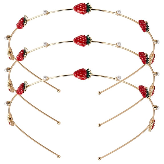 3Pcs Strawberry Headbands Pearl Headpiece Summer Fruit Alloy Hair Loops Hairband Headwear Gold Hair Accessory for Dating Women Ladies Costume Gifts
