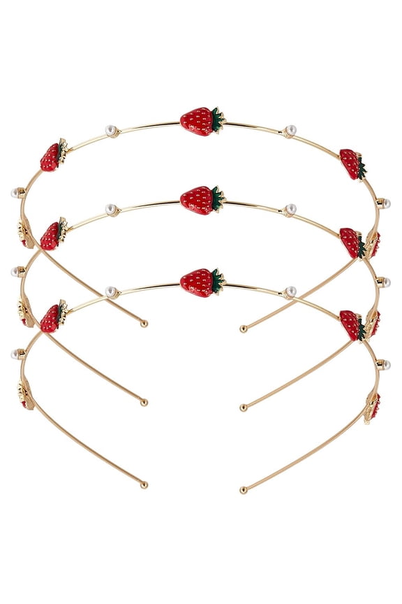 3Pcs Strawberry Headbands Pearl Headpiece Summer Fruit Alloy Hair Loops Hairband Headwear Gold Hair Accessory