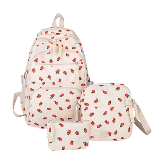 3Pcs Strawberry Print Backpack Set for Women Teens, Large Capacity School Bookbag with Crossbody & Pouch, Casual Daypack