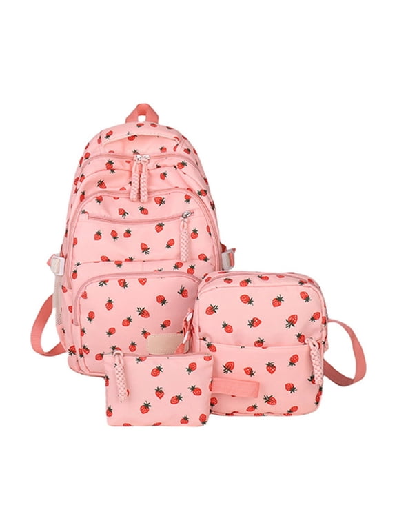 3Pcs Strawberry Print Backpack Set for Women Teens, Large Capacity School Bookbag with Crossbody & Pouch, Casual Daypack