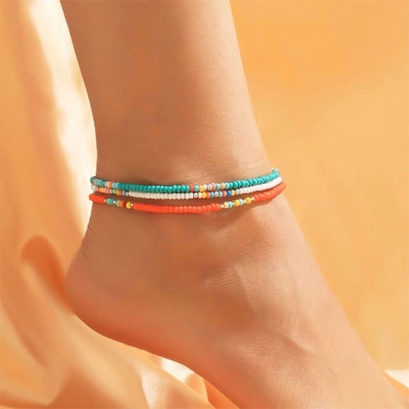 3Pcs Style Glass Seed Rondelle Beaded Stretch Anklets for Women Colorful 9-7/8 inch(250mm) for DIY