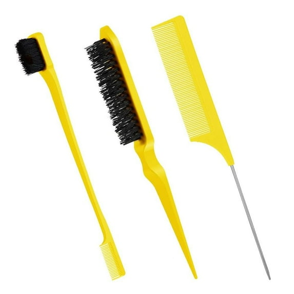 3Pcs Styling Tools Brushing Combing Rat Tail Comb Grooming Bristle Hair Brush Slick Brush Set Teasing Brush YELLOW