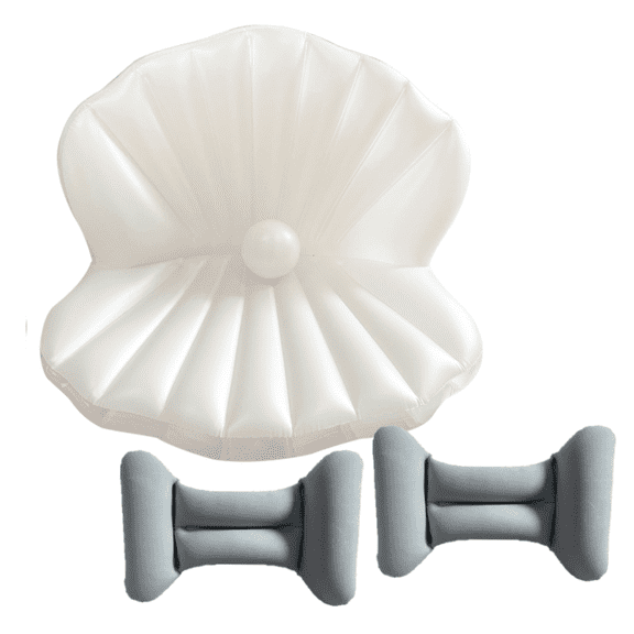3Pcs Summer Inflatable Combo Kit, 67" Oversized Pearl Decor Seashell Float plus 2Pcs Gray H-Type Inflatable Waist Cushions, Portable Float & Back Pillow for Pool, Beach, Car and Home