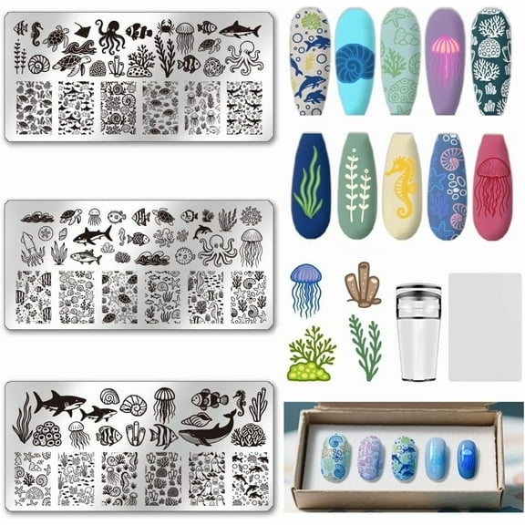 3Pcs Summer Nail Stamp Plates Set Ocean Series Nail Stamping Plate Turtles Medusa Image Nail Stencils Conch Nail Art Stamping Template with Nail Scraper for Women Nail Design Tools