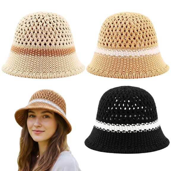 3Pcs Summer Straw Sun Hats for Women, Foldable Beach Sun Cap Sun Protection Beach Bucket Hat