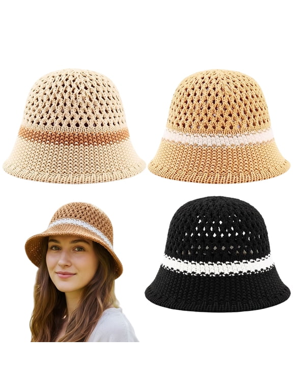 3Pcs Summer Straw Sun Hats for Women, Foldable Beach Sun Cap Sun Protection Beach Bucket Hat