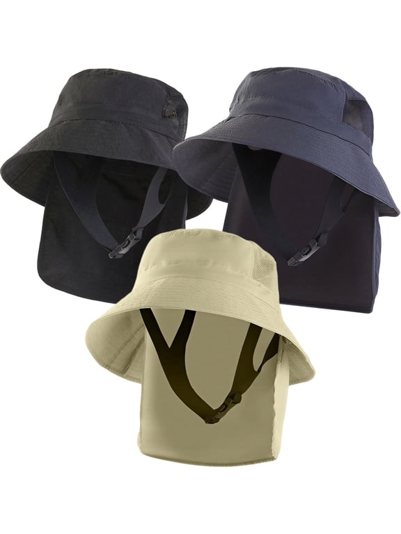 3Pcs Sun Bucket Hats for Men Women,Quick Dry Lightweight UV Protection Surf Cap Packable Foldable Fishing Hiking Hat (Black + Beige + Dark Grey)